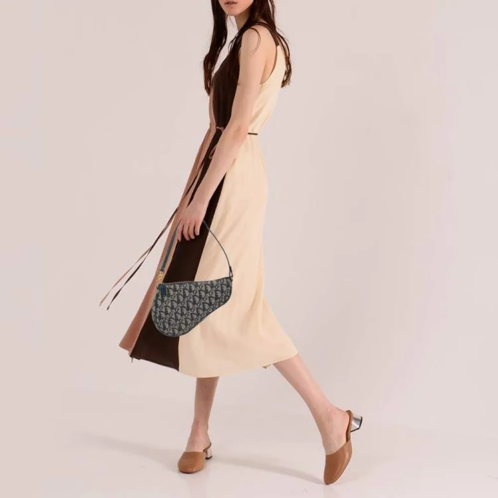Christian Dior Vintage Oblique Canvas and Leather Saddle Pochette Bag Navy Blue/ - Picture 5 of 13